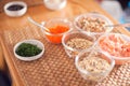 Different kind of seasame seeds and sauces fof sushi Royalty Free Stock Photo