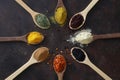 Different kind of spices on a black stone. Royalty Free Stock Photo