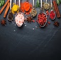 Different kind of spices in vintage spoons Royalty Free Stock Photo