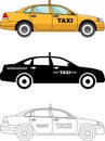 Different kind taxi cars isolated on white background in flat style: colored, black silhouette and contour. Vector