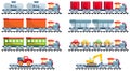 Railroad concept. Set of different railway toys in flat cartoon style on white background: train, locomotive, wagon Royalty Free Stock Photo