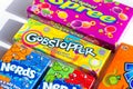 Different kinds of American sweet candies (Gobstopper, Spree, Runts, Nerds) packs Royalty Free Stock Photo