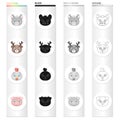 Different kinds of animals, muzzle mouse, deer, chicken, pig. Muzzle of an animal set collection icons in cartoon black