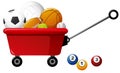 Different kinds of balls on red wagon