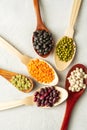 Different kinds of beans in spoons on white background Royalty Free Stock Photo