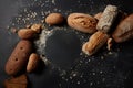 Different kinds of bread on background