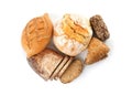 Different kinds of bread on white, top view Royalty Free Stock Photo