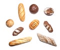 Different kinds of bread on white top view Royalty Free Stock Photo