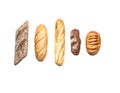 Different kinds of bread on white top view Royalty Free Stock Photo