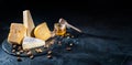 Different kinds of cheese with nuts and honey Royalty Free Stock Photo