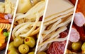 Different kinds of cheese, olives and sausage Collage from different pictures Royalty Free Stock Photo