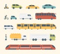 Different kinds of city and intercity public transport. Set transportation vector illustration. Car, bus and truck Icons