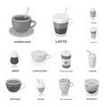 Different kinds of coffee monochrome icons in set collection for design. Coffee drink vector symbol stock web