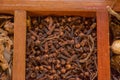 Variety of flavorings, species and condiments in the wooden box