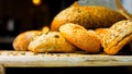 Different kinds of fresh bread on wooden table. Isolated assortment of bread on brown background. Slider shooting Royalty Free Stock Photo