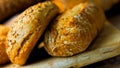 Different kinds of fresh bread on wooden table. Isolated assortment of bread on brown background. Slider shooting Royalty Free Stock Photo