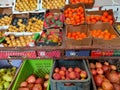 Different kinds of fruits are displayed in a fruit market western sahara, morocco