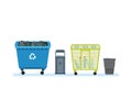 Different kinds of garbage cans, containers, for types of garbage.