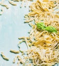 Different kinds of homemade fresh Italian pasta with basil Royalty Free Stock Photo