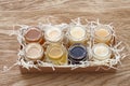 Different kinds of honey in a box