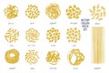 Different kinds of Italian pasta with names. Fettucine, conchiglie, fusilli, cellentani, vermicelli, tagliatelle, pipe