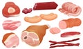 Different kinds of meat collection. pork meat, veal and ham meat, salami slices, sausage, bacon and beef. Fresh steak.