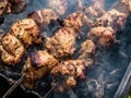 Different kinds of meat on metal skewers - pork and chicken grilling on fire, coals and smoke in grill. Macro of herbed and Royalty Free Stock Photo