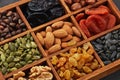 Different kinds of nuts, dried fruits in wooden box. Healthy food. Top view. Vegetarian nutrition Royalty Free Stock Photo