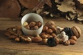 Different kinds of nuts in white cup, hazelnuts, almonds, walnut and dried fruits figs, plums. Vegan food