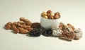 Different kinds of nuts in white cup, hazelnuts, almonds, walnut and dried fruits figs, plums. Vegetarian food