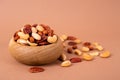 Different kinds of organic nuts in wooden bowl Royalty Free Stock Photo