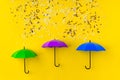 Different kinds of rice grains pouring on three toy umbrellas on yellow background. Artistic concept of spring rain Royalty Free Stock Photo