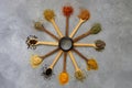 different kinds of spices in the form of a clock. Royalty Free Stock Photo