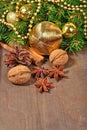 Different Kinds Of Spices, Nuts, Cone And Dried Oranges, Christmas Decorations And Spruse Branch