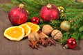 Different kinds of spices, nuts and dried oranges, Christmas dec Royalty Free Stock Photo