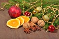 Different kinds of spices, nuts and dried oranges, Christmas dec Royalty Free Stock Photo