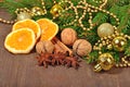 Different kinds of spices, nuts and dried oranges, Christmas dec Royalty Free Stock Photo