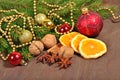 Different kinds of spices, nuts and dried oranges, Christmas dec Royalty Free Stock Photo