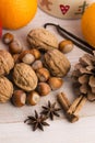 Different kinds of spices, nuts and dried oranges Royalty Free Stock Photo