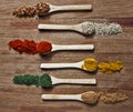 Different kinds of spices on a wooden table with bamboo spoon