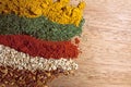Different kinds of spices on a wooden table
