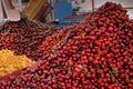 Different kinds sweet cherries on market. Sale juicy fruits in city Varna, Bulgaria. proper nutrition, vitamins, healthy food