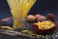 Different kinds of tagliatelle, spaghetti and other pasta with eggs