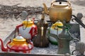 Different kinds of tea pots in Arabic bedouin house Royalty Free Stock Photo