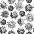 Different kinds of viruses seamless pattern. Biology organisms backdrop in vintage engraved style. Virus Infection macro drawings