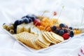 Different kinds of wine snacks: cheeses, crackers, fruits and olives on white table Royalty Free Stock Photo