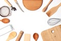 different kitchenware on a light background top view. Cooking appliances. Royalty Free Stock Photo