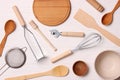 different kitchenware on a light background top view. Cooking appliances. Royalty Free Stock Photo