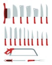 Different knives, hatchets and a saw, for cutting, chopping various products vector illustration