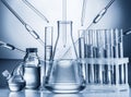 Different laboratory beakers and glassware. Royalty Free Stock Photo